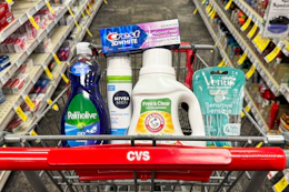palmolive dish soap, crest toothpaste, nivea shave gel, arm & hammer detergent, and venus razors in a cart