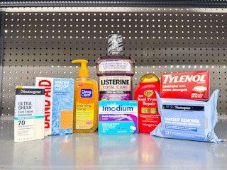 Neutrogena sunscreen, band-aids, clean & clear cleanser, listerine, imodium, OGX, tylenol, Neutrogena make up remover wipes