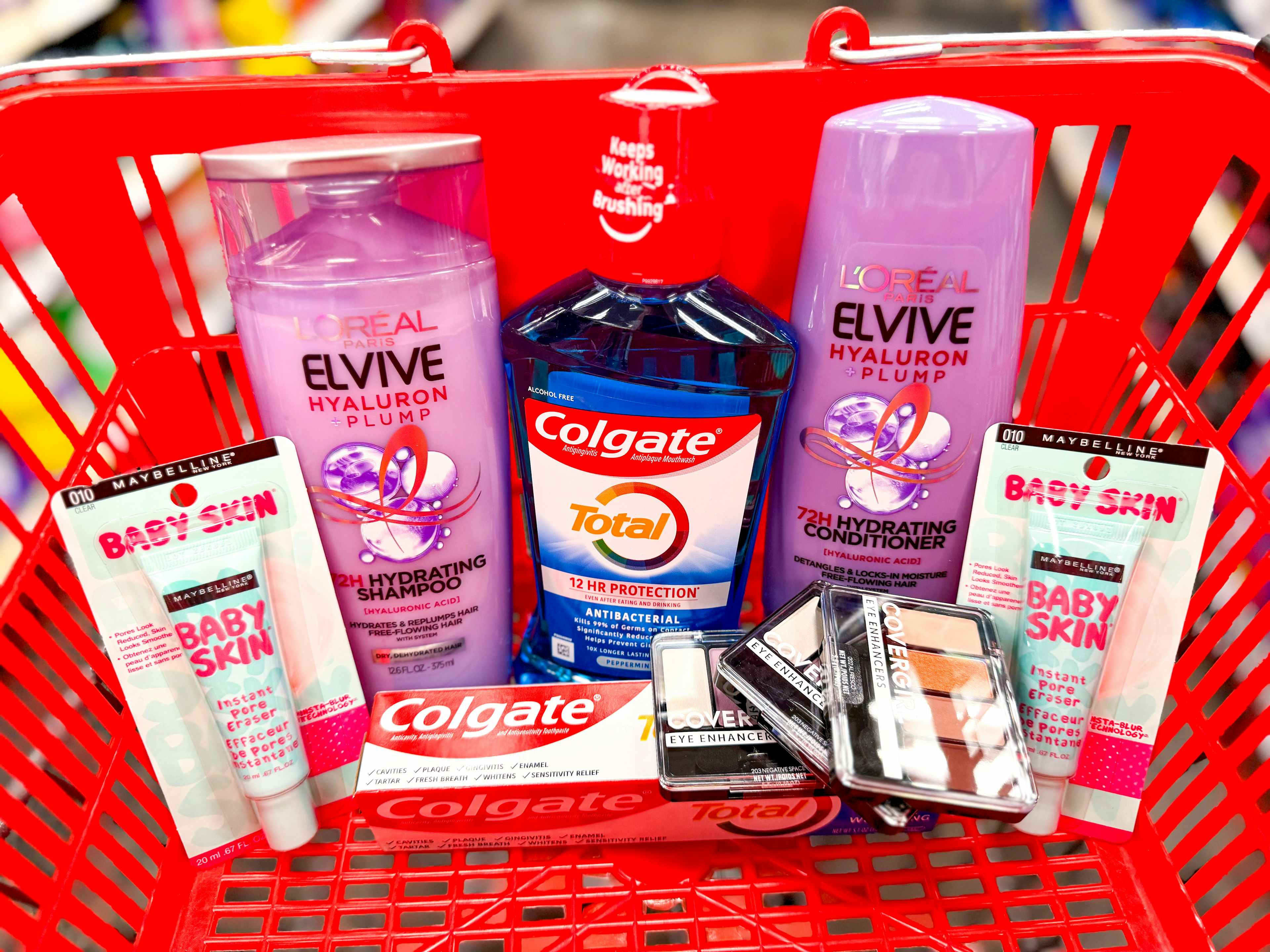 shopping basket with products including: L'Oreal Elvive, Maybelline, Colgate and Covergirl
