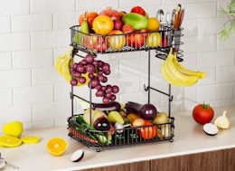 a fruit basket on a kitchen counter with fruit inside