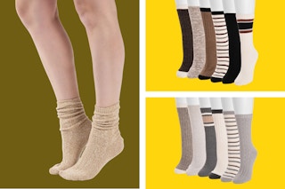 3 lifestyle images of Muk Luk Socks in different prints