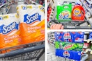 collage image of scott toilet paper, gain and tide detergent, and pepsi soda 12-packs