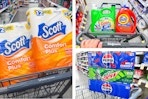 collage image of scott toilet paper, gain and tide detergent, and pepsi soda 12-packs