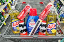 ajax dish soap, colgate toothpaste, gillette foamy, persil detergent, and kiss nail files in a cart