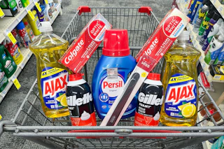 ajax dish soap, colgate toothpaste, gillette foamy, persil detergent, and kiss nail files in a cart