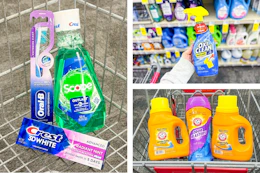 collage image of arm & hammer detergent, oxi clean stain remover, and crest oral care