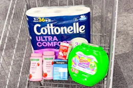 cottonelle toilet paper, gain flings, neutrogena moisturizer, natures bounty vitamins, and cvs pain reliever in a cart
