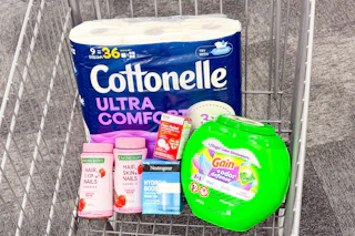 cottonelle toilet paper, gain flings, neutrogena moisturizer, natures bounty vitamins, and cvs pain reliever in a cart