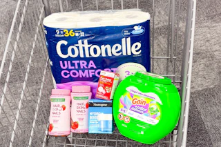 cottonelle toilet paper, gain flings, neutrogena moisturizer, natures bounty vitamins, and cvs pain reliever in a cart