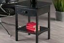 end table wood black with drawer and shelf 18 inches tall