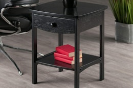 end table wood black with drawer and shelf 18 inches tall