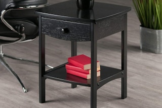 end table wood black with drawer and shelf 18 inches tall