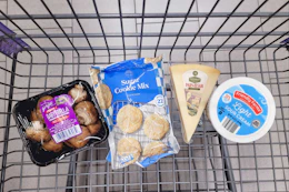 mushrooms, cookie mix, parmesan cheese, and sour cream in a cart