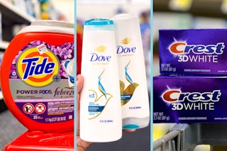 collage with tide pods, crest toothpaste, and dove shampoo and conditioner