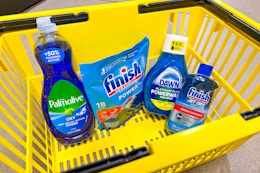 dishwashing products in a yellow shopping basket
