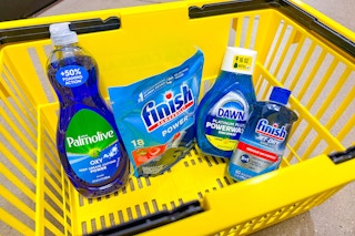 dishwashing products in a yellow shopping basket