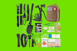 an emergency kit on a green background