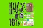 an emergency kit on a green background