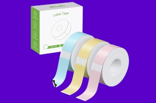 Three rolls of P21 label maker tape sit in front of a box. The tape rolls are blue, yellow, and pink.