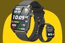 Sport smartwatch on a yellow and olive background.