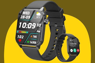 Sport smartwatch on a yellow and olive background.