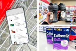 collage with a smartphone, downy, and cottonelle products
