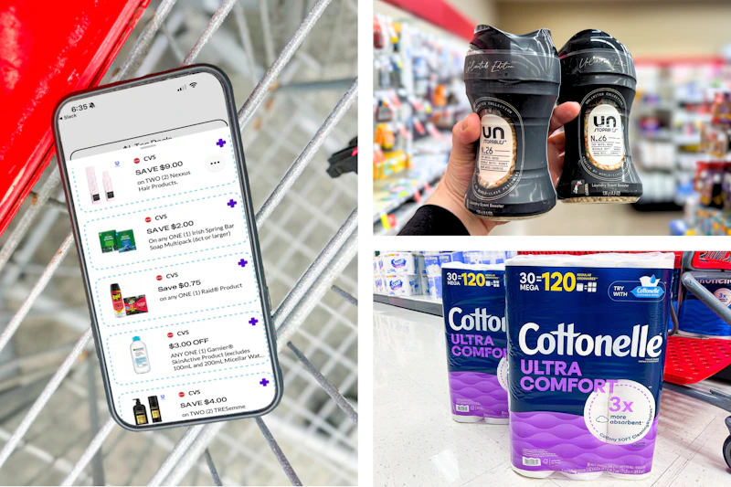 collage with a smartphone, downy, and cottonelle products