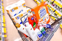 walgreens shopping cart filled with products including Dove and Scott and Crest