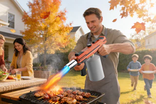 man using torch gun on grill