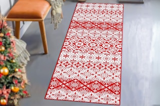 Lifestyle image of a Berthmeer Christmas-themed Carpet Runner in home with Christmas tree in the background