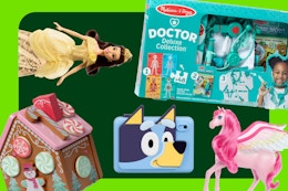 Disney princess doll, Melissa & Doug doct set, gingerbread house set, Bluey camera, Barbie unicorn