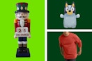 huge nutcracker, bluey plush, and men's orange hanes shirt