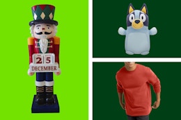 huge nutcracker, bluey plush, and men's orange hanes shirt