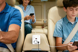 family using inverter to power devices in car
