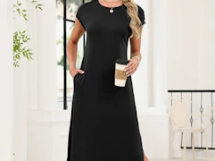 a person wearing a black long, short-sleeve dress 