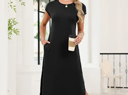 a person wearing a black long, short-sleeve dress 