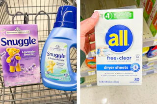 collage image of snuggle and all fabric softeners
