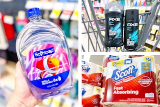 collgate with softsoap, scott, and axe products