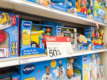 VTech toy isle photo of Black Friday Sale in stores at Target, Buy 1 Get 1 50% Off
