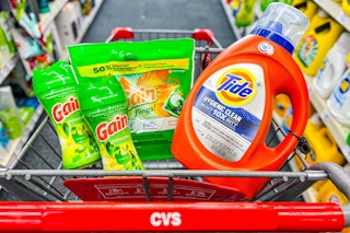 cvs shopping cart with tide laundry detergent and gain flings and fireworks