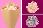 3 stock photos of Lowe's wooden roses in pink and purple