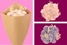 3 stock photos of Lowe's wooden roses in pink and purple