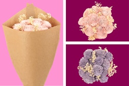 3 stock photos of Lowe's wooden roses in pink and purple