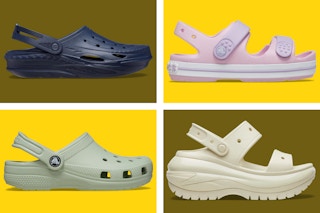 Different Crocs styles on an olive and yellow collage background.