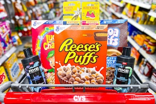 cvs shopping cart with general mills cereal, axe body wash, and burt's bees lip balm