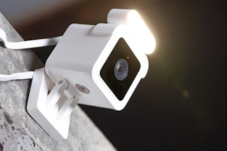 A home security camera with a spotlight.