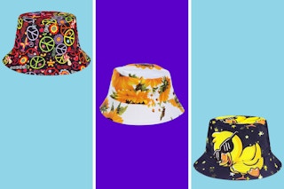 Three brightly patterned bucket hats