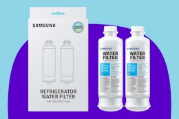 SAMSUNG Genuine Filters for Refrigerator on a purple background.
