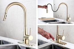 3 lifestyle photos of the the Runfine gold kitchen faucet being used in 3 different ways