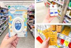 collage with febreze bathroom air freshener, sheamoisture hair masque, and nexxus conditioner